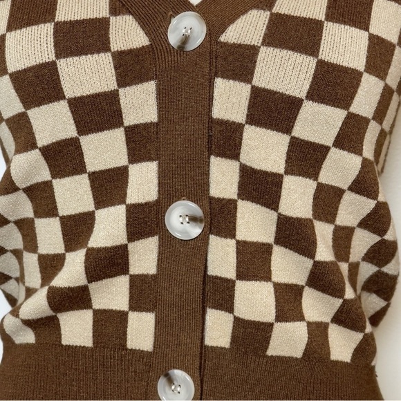 Vintage-Inspired Brown & Cream Checkerboard Cropped Cardigan Women XS - Picture 2 of 7